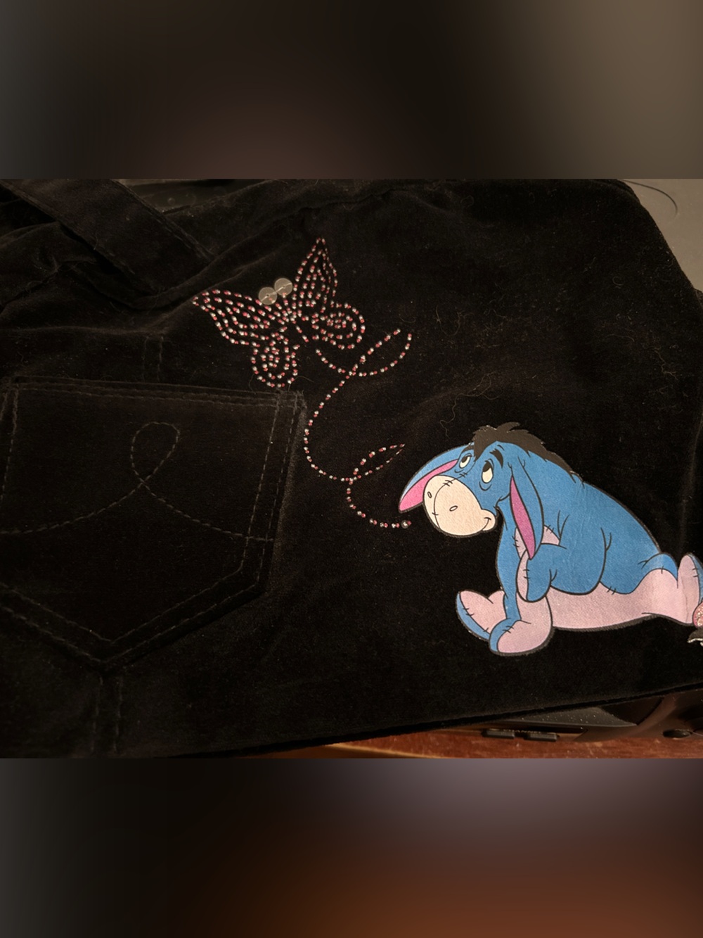 Disney Black Velvet Eeyore Satchel with Pink & Blue Accents